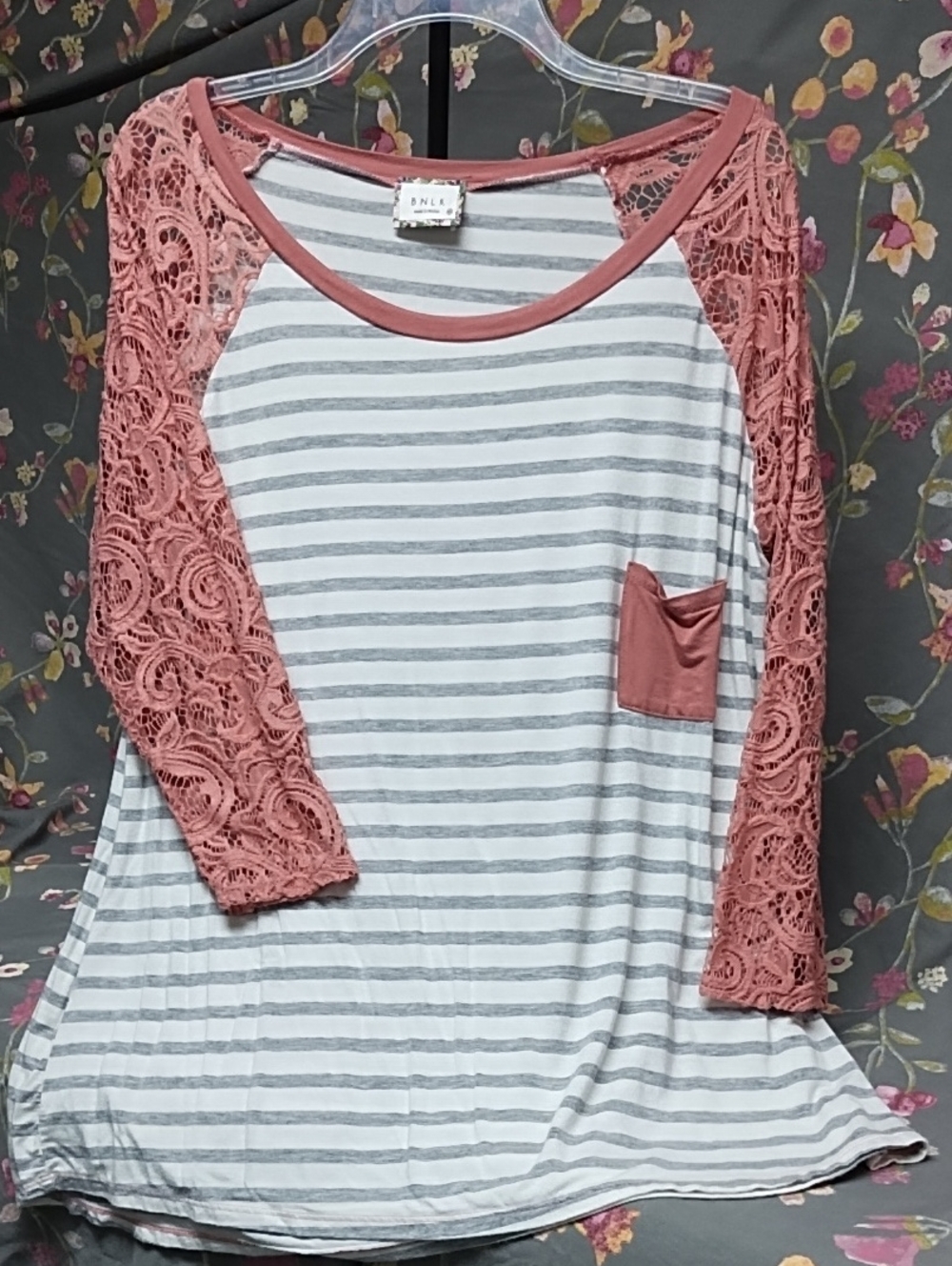Women’s Striped Raglan Tee with Pink Lace Sleeves